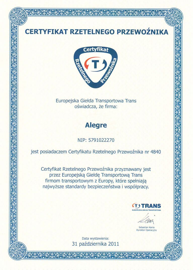 Zertifikat eines Gründlichen Transportunternehmens